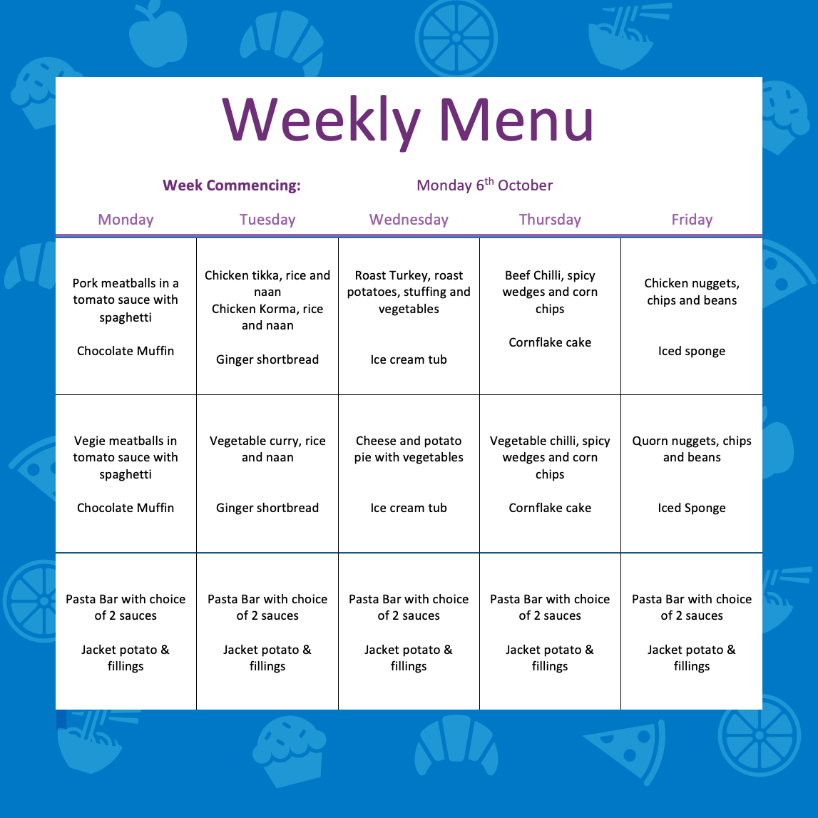 Weekly Menu – W/C 6th Oct 2025