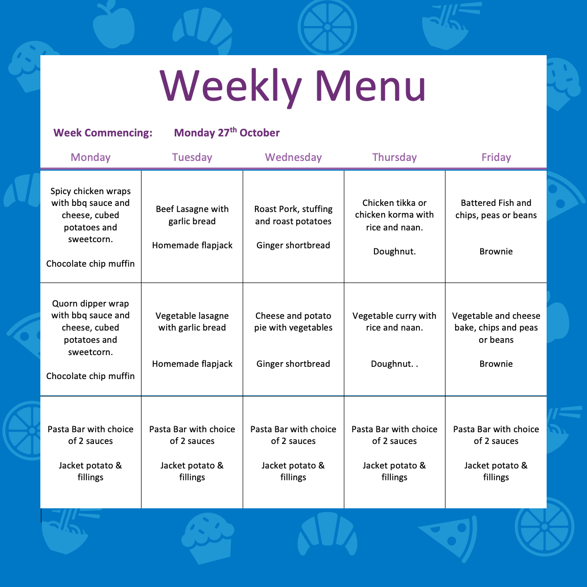 Lunch Menu – W/C 27th October 2025