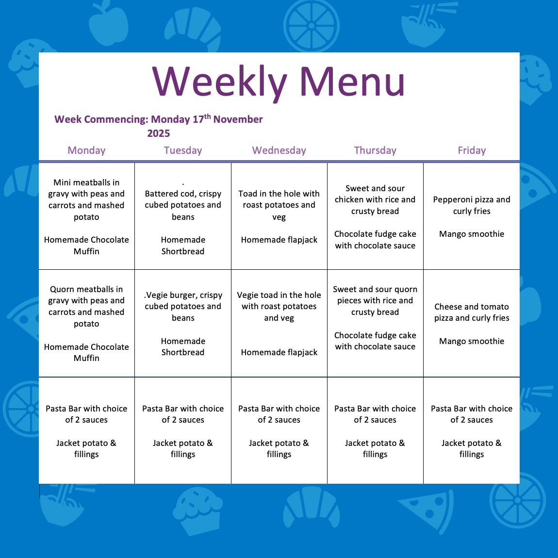🍴 Next Week’s Menu at Countesthorpe Academy (Week Commencing 17th November) 🍴