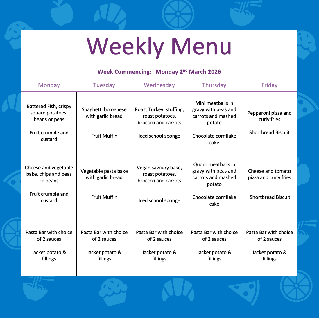Lunch Menu – W/C 2nd March 2026