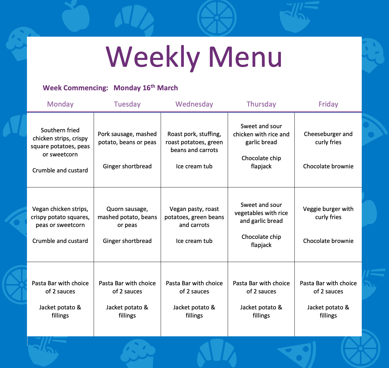 Lunch Menu – W/C Monday 16th March 2026