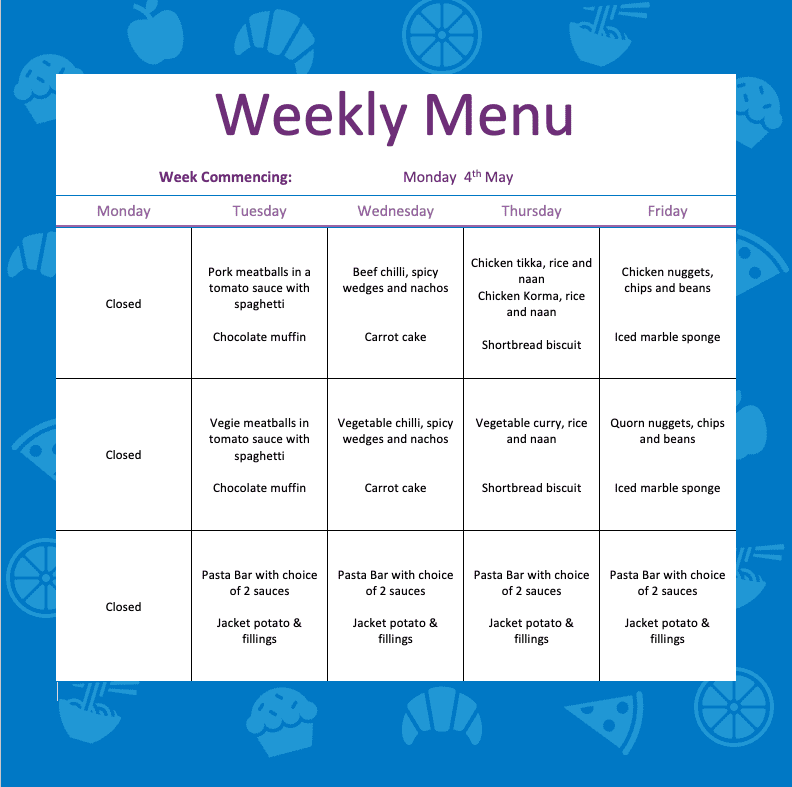 🍽️ Week 3 Lunch Menu – w/c Monday 4th May 🍽️
