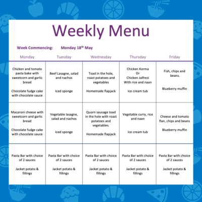 🍽️ Next Week’s School Menu – Week Commencing Monday 18th May 🍽️