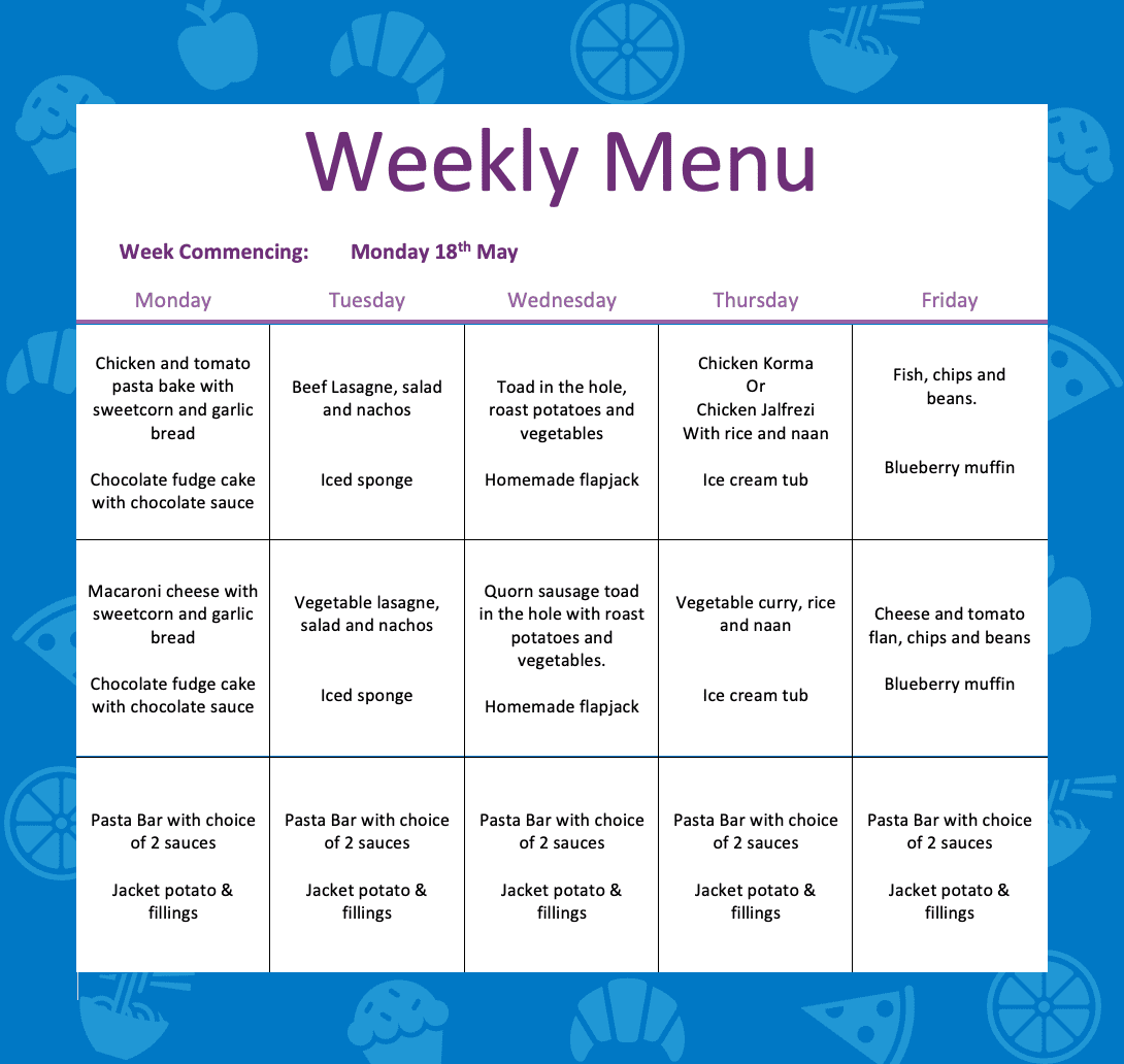 🍽️ Next Week’s School Menu – Week Commencing Monday 18th May 🍽️