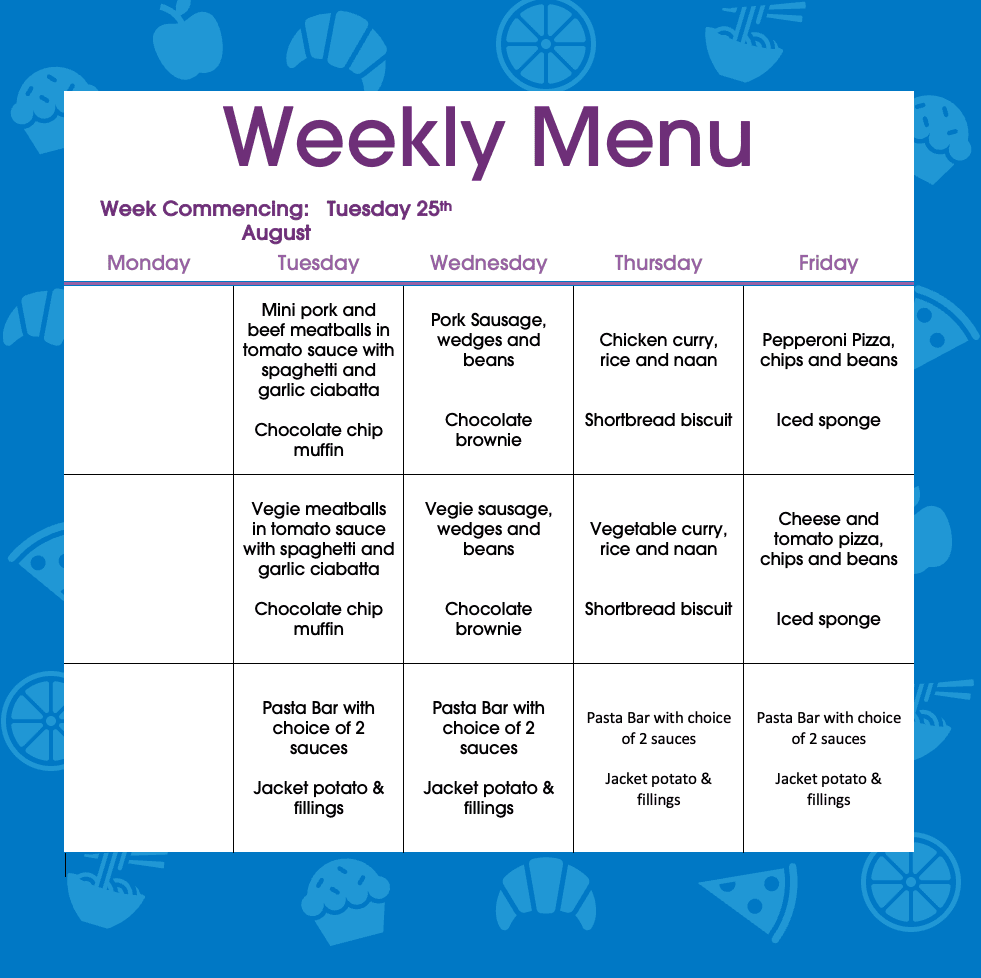 Weekly Menu W/C Tuesday 25th August 2026